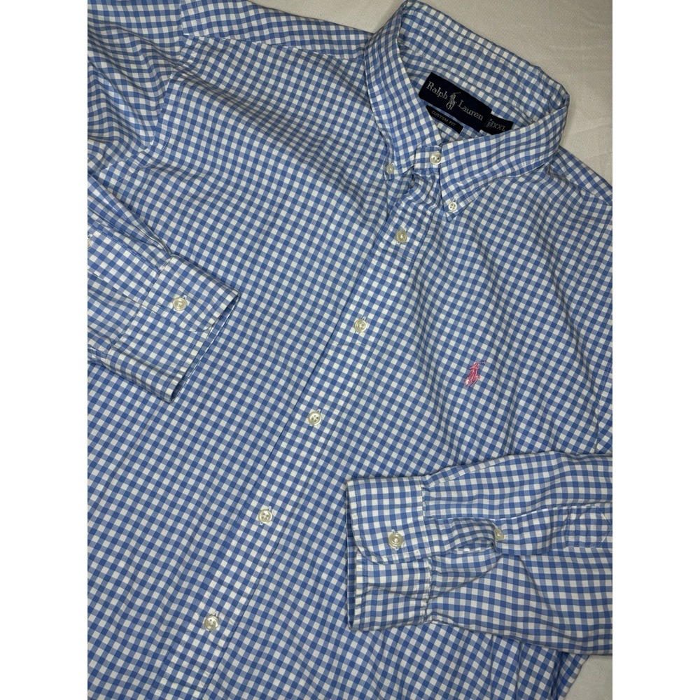 Vintage Ralph Lauren Men's XXL Blue & White Gingham Custom Fit Shirt Pink Pony